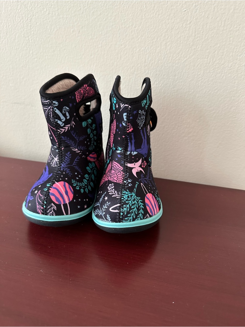 Kids Black Patterned Rain & Snow Boots with Pink and Teal Accents